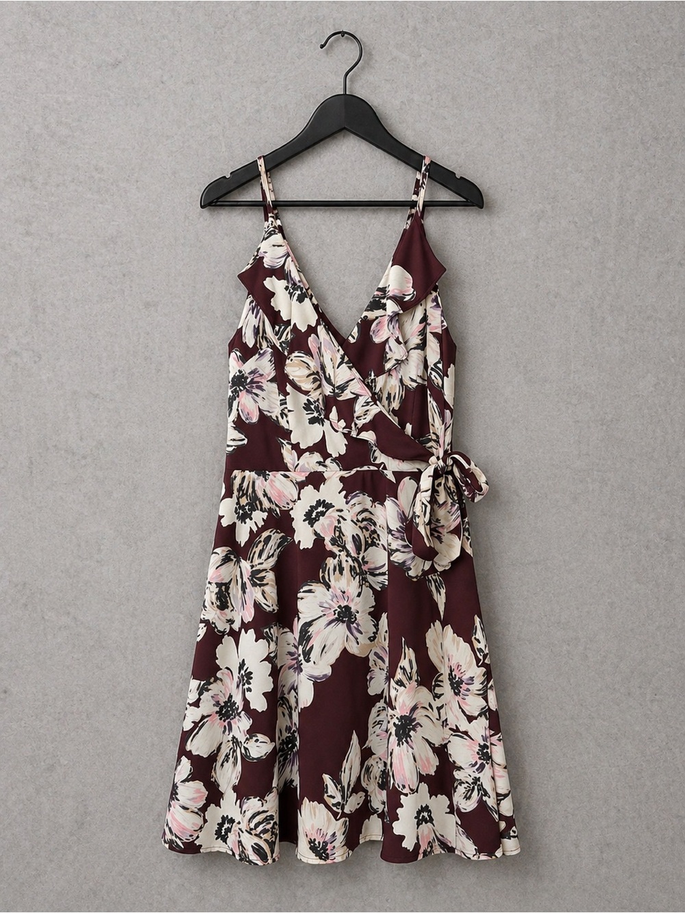 Burgundy Floral Wrap Dress Romantic Ruffle Tie Waist Size Small